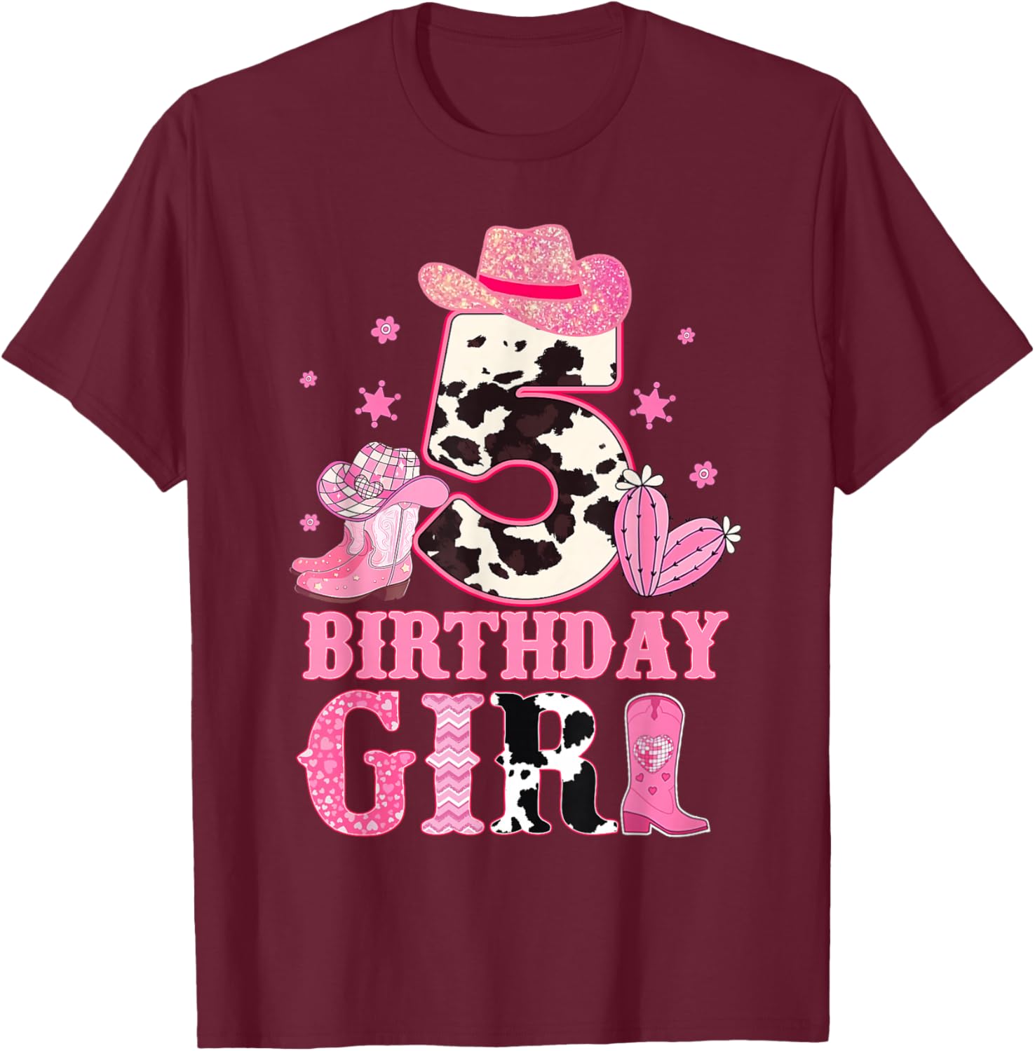 Kids 5th Birthday Girl Rodeo Western Cowgirl Birthday Party T-Shirt - T-Shirt | Maroon