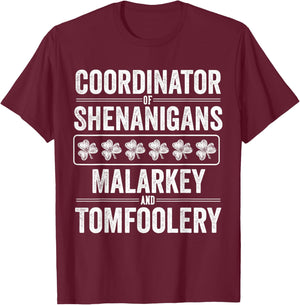 St Patricks Day Shenanigans Malarkey and Tomfoolery Clover T-Shirt - T-Shirt | Maroon