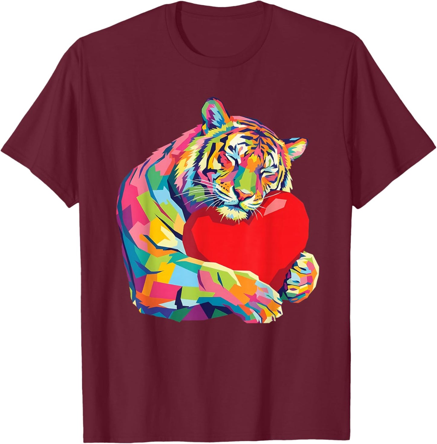 Tiger Hugging Valentine Heart Color Critters Rainbow T-Shirt - T-Shirt | Maroon