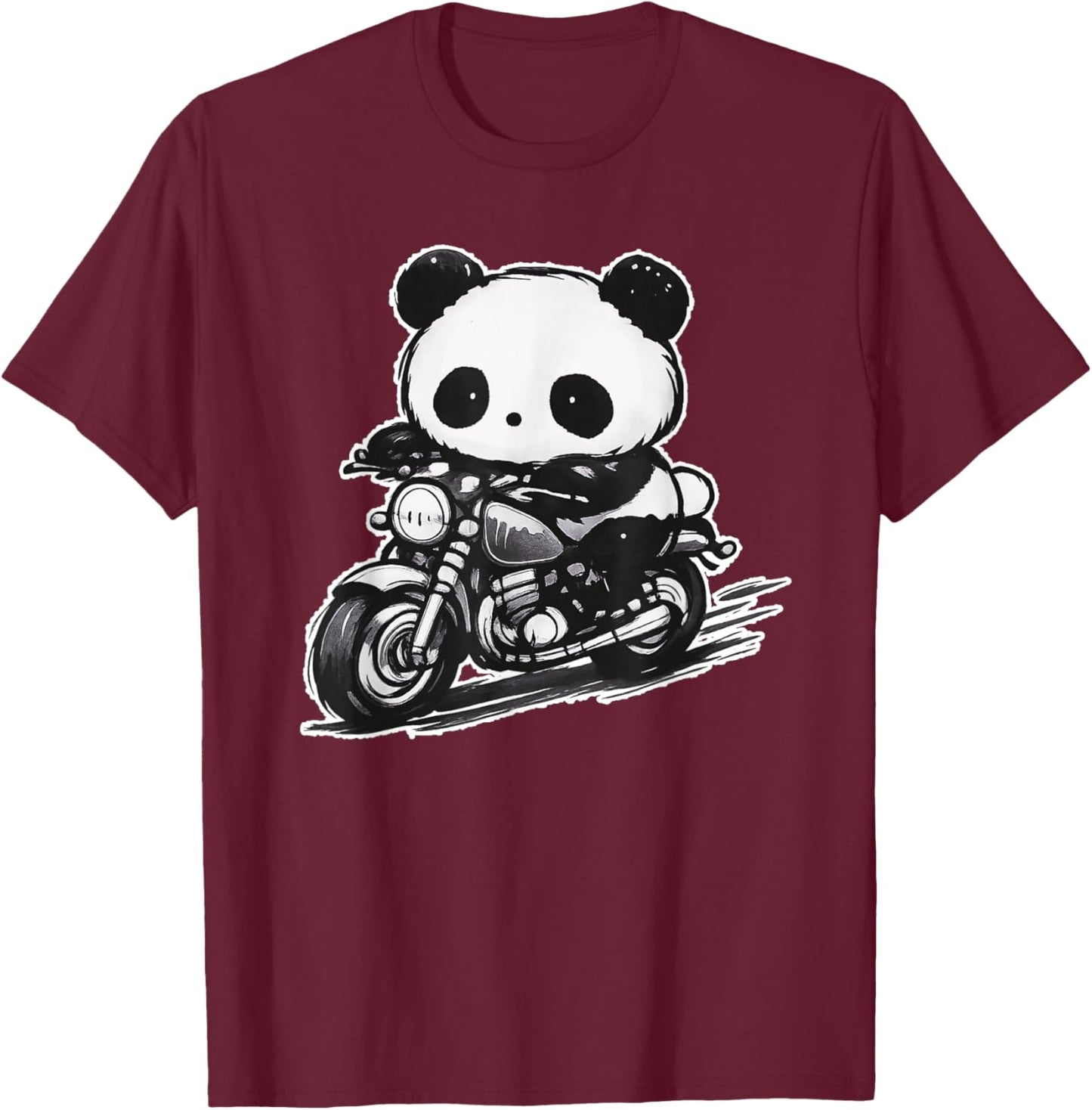 Baby Panda Riding a Motorcycle Monochrome T-Shirt - T-Shirt | Maroon
