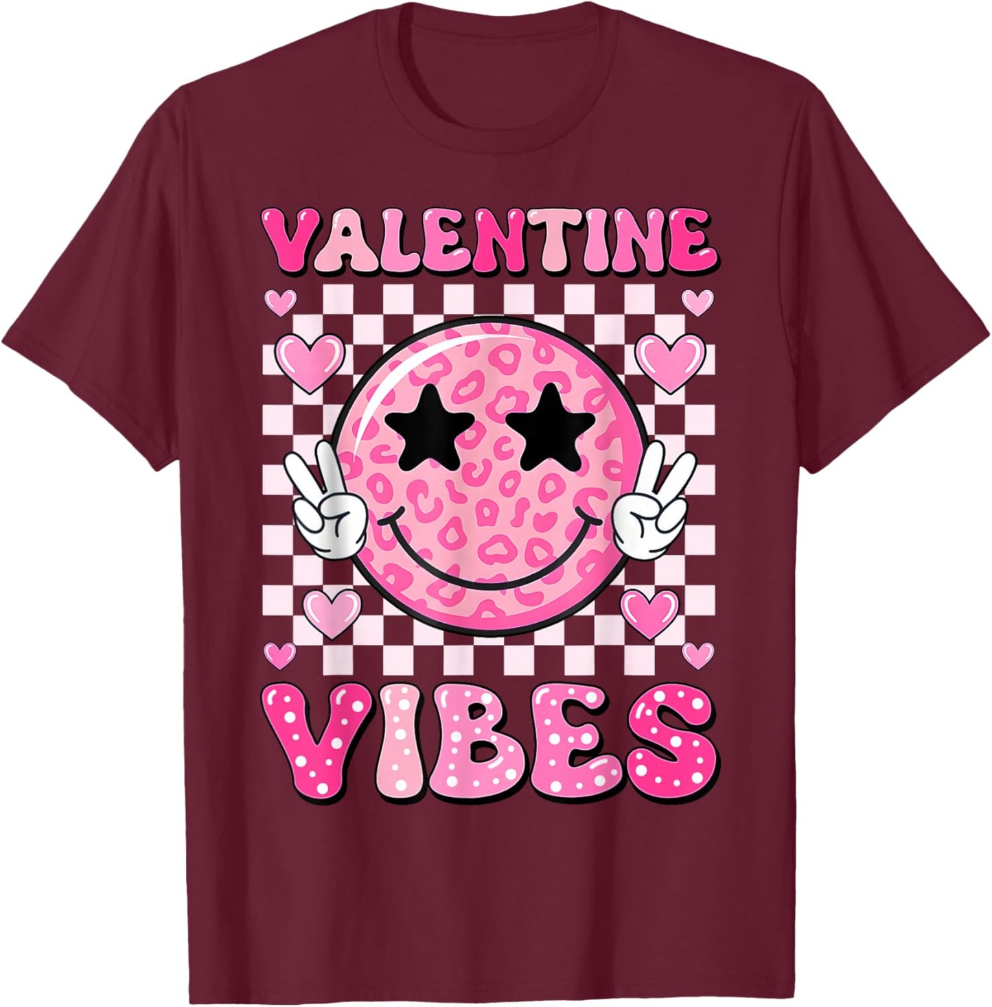 Groovy Valentine Vibes Cute Heart Happy Valentines Men Women T-Shirt - T-Shirt | Maroon