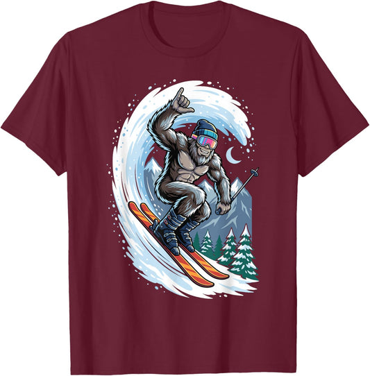 Funny Bigfoot Skiing Sasquatch Skier Winter Mountain T-Shirt - T-Shirt | Maroon
