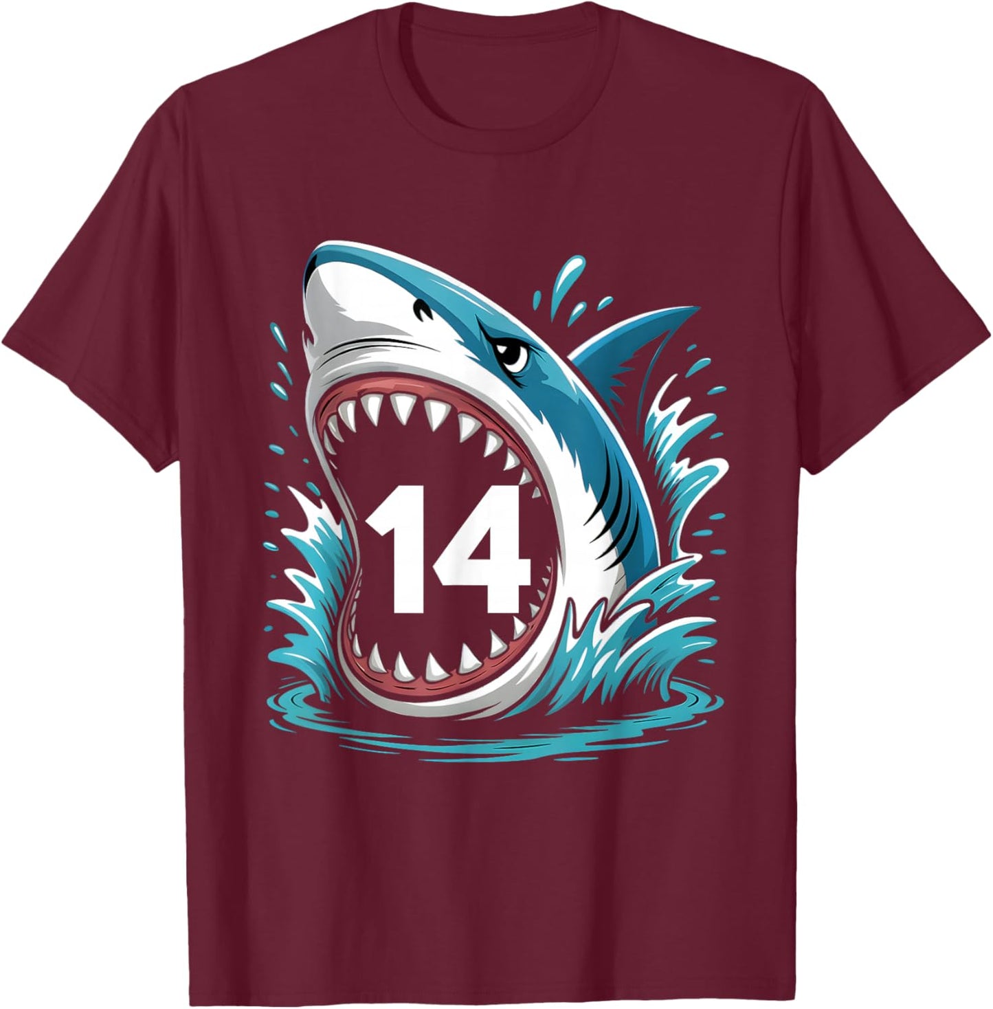Kids Shark Birthday Funny 14 Year Old Boys Girls Ocean Theme T-Shirt - T-Shirt | Maroon