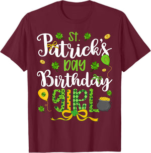 St Patricks Day Birthday Girl Coquette Bow Shamnrock Ballon T-Shirt - T-Shirt | Maroon