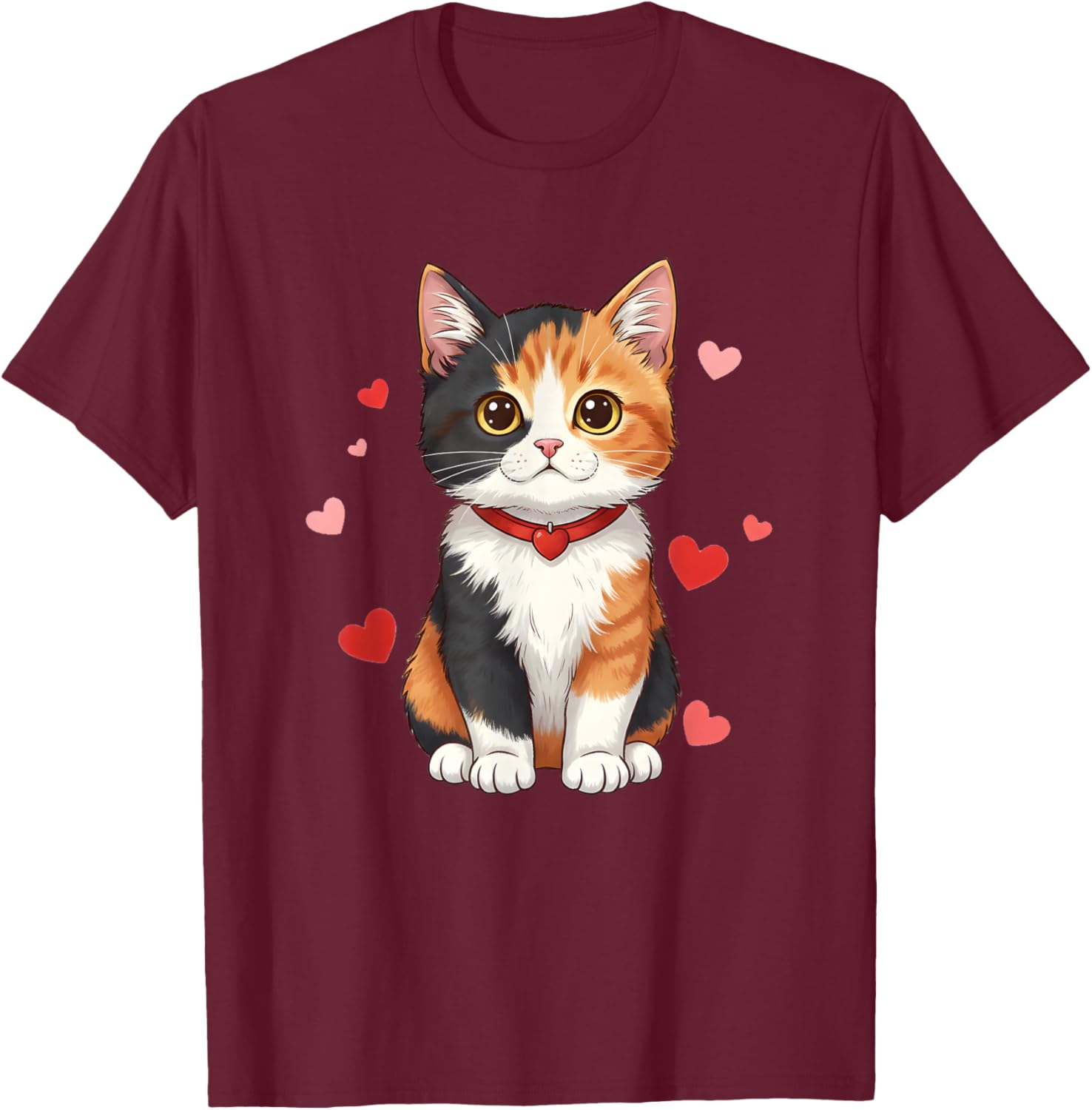 Calico Cat Kitten Valentines Mothers Fathers Day Red Hearts T-Shirt - T-Shirt | Maroon