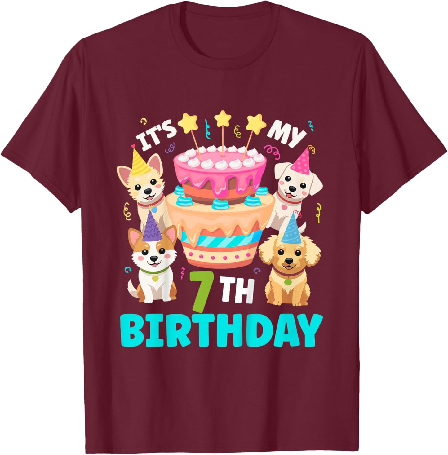 7th Dog Birthday Party Seven Year Old Puppy Birthday T-Shirt - T-Shirt | Maroon
