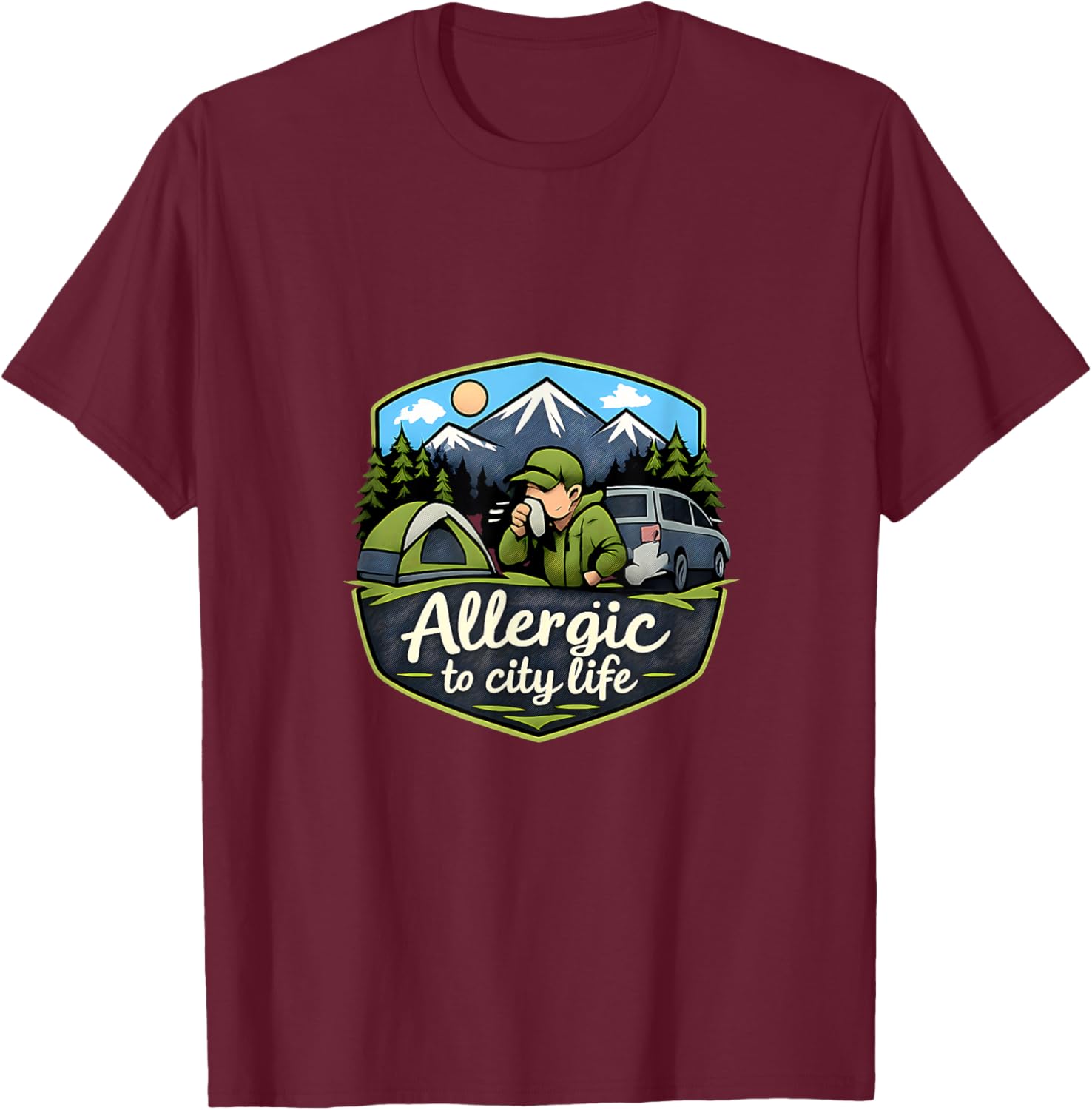 Allergic to City Life Camping Mountain Badge T-Shirt - T-Shirt | Maroon