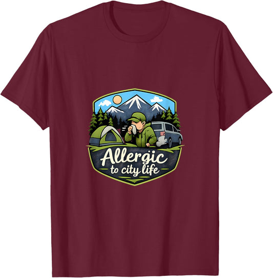 Allergic to City Life Camping Mountain Badge T-Shirt - T-Shirt | Maroon