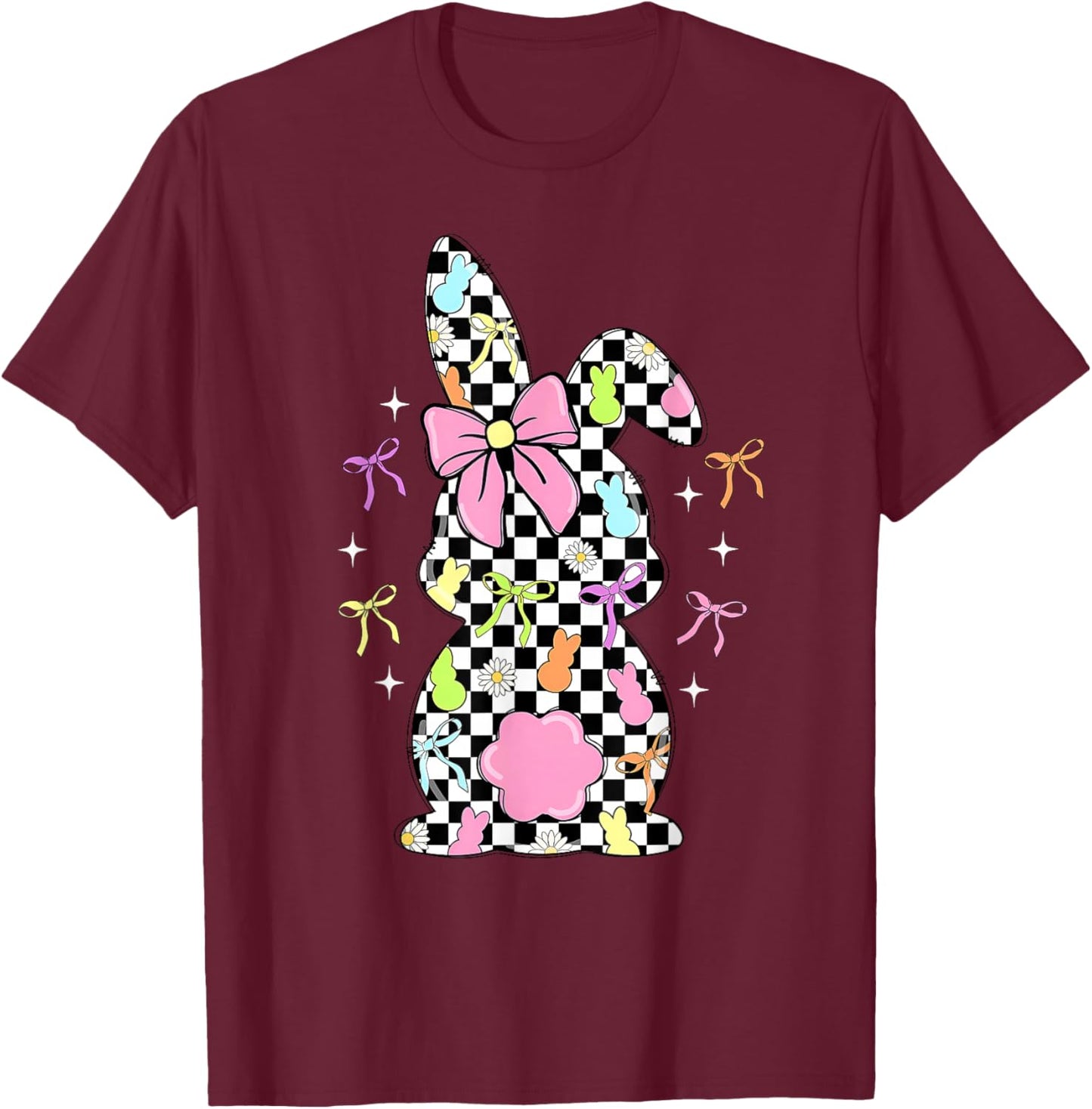 Funny Bunny Checkered Coquette Bow Rabbit Eggs Easter Retro T-Shirt - T-Shirt | Maroon