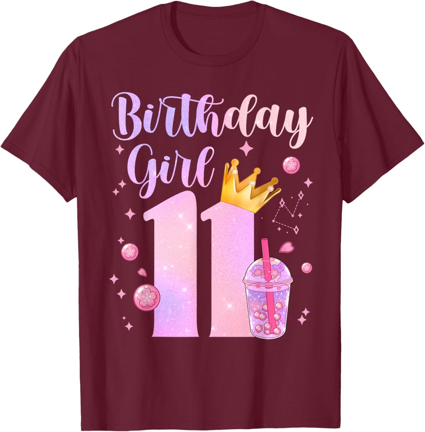 Birthday Girl 11 Yrs Old Boba Tea Theme Party 11th Bday Kids T-Shirt - T-Shirt | Maroon