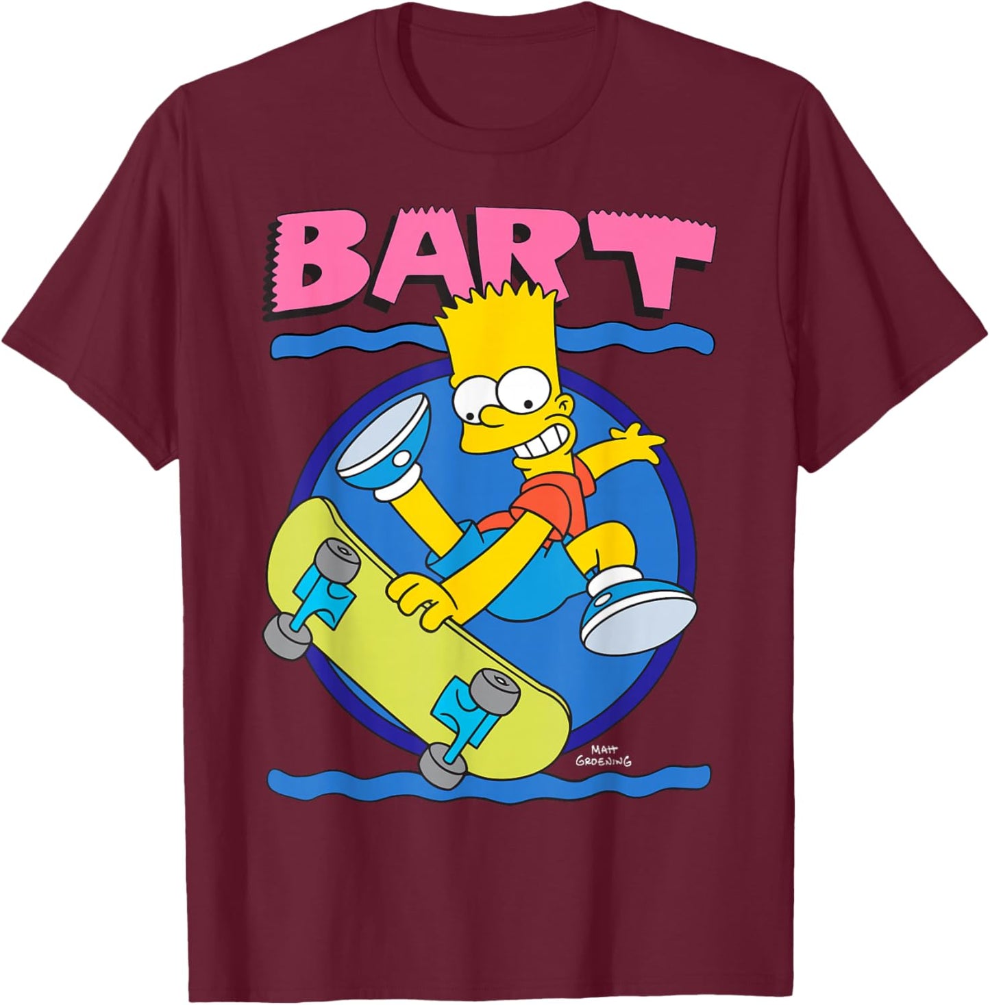 The Simpsons 90's Art Style Bart Ridding Skateboard T-Shirt - T-Shirt | Maroon