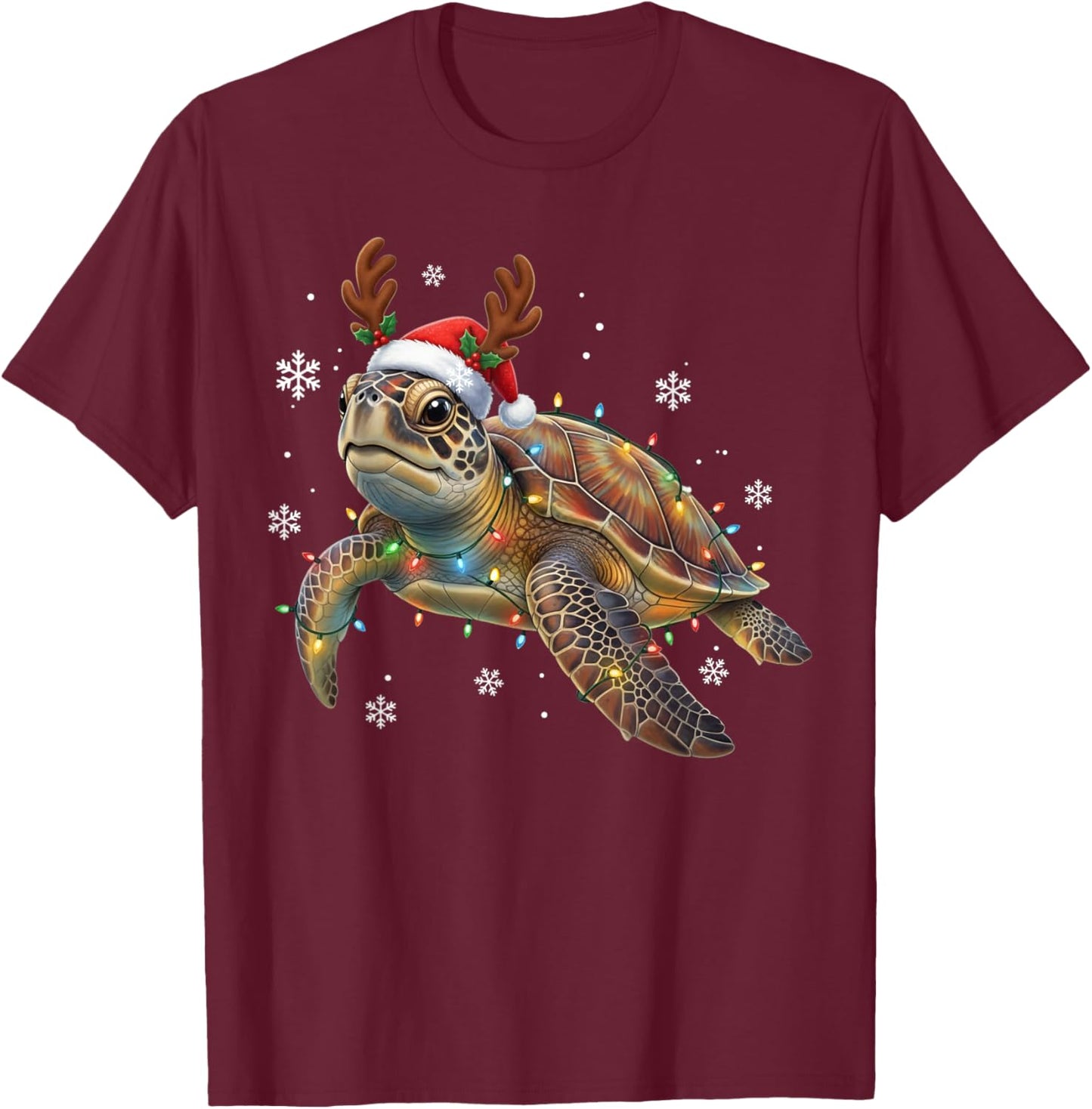 Sea Turtle Christmas Lights Funny Santa Hat Gifts Men Women T-Shirt - T-Shirt | Maroon