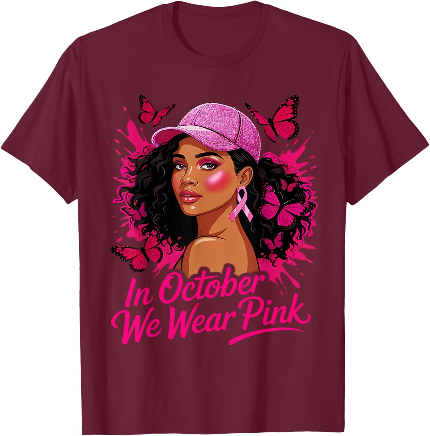 in October We Wear Pink Breast Cancer Awareness Afro Woman T-Shirt - T-Shirt | Maroon