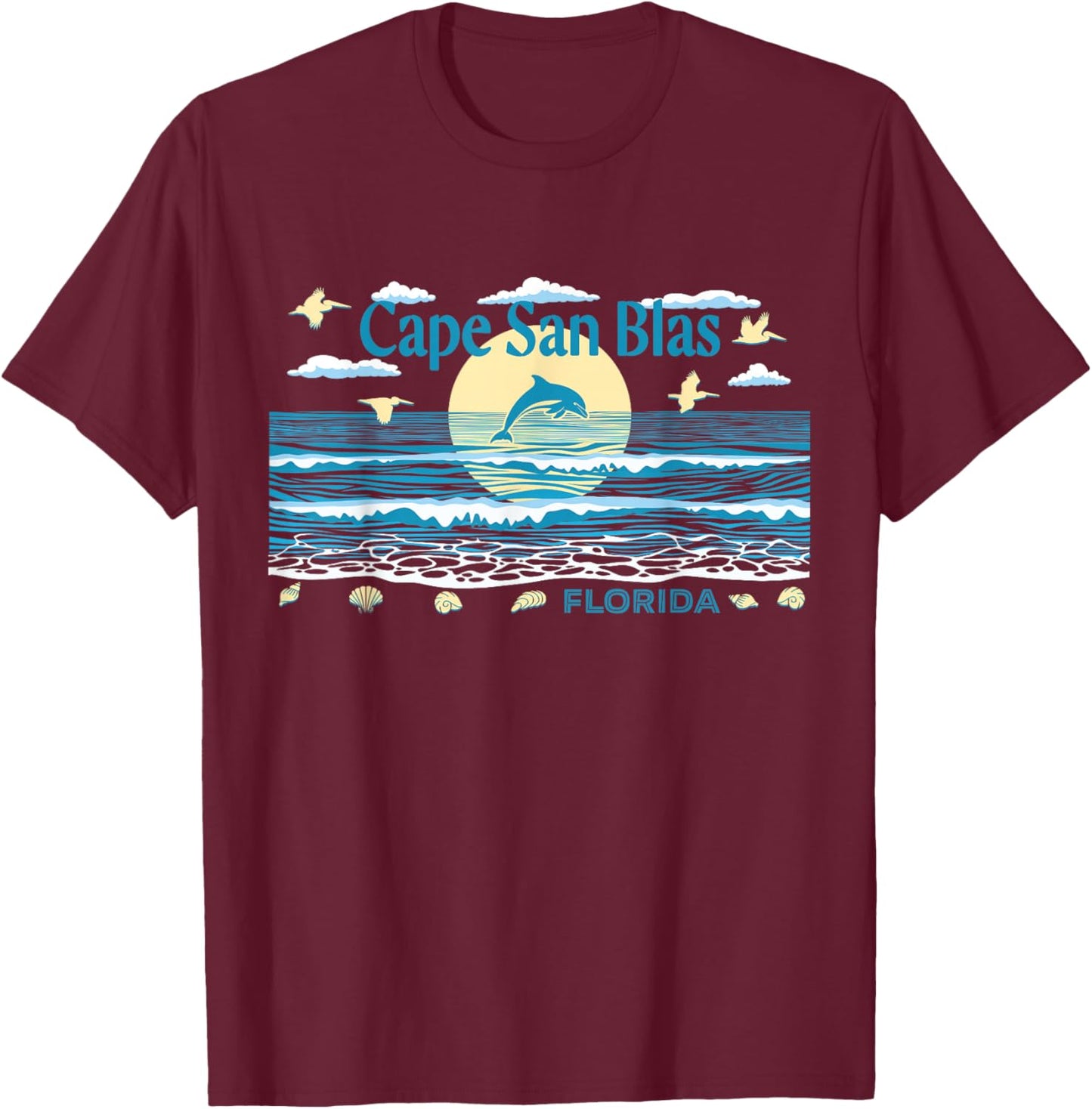 Cape San Blas FL Dolphin Pelican Waves Beach Vacation T-Shirt - T-Shirt | Maroon