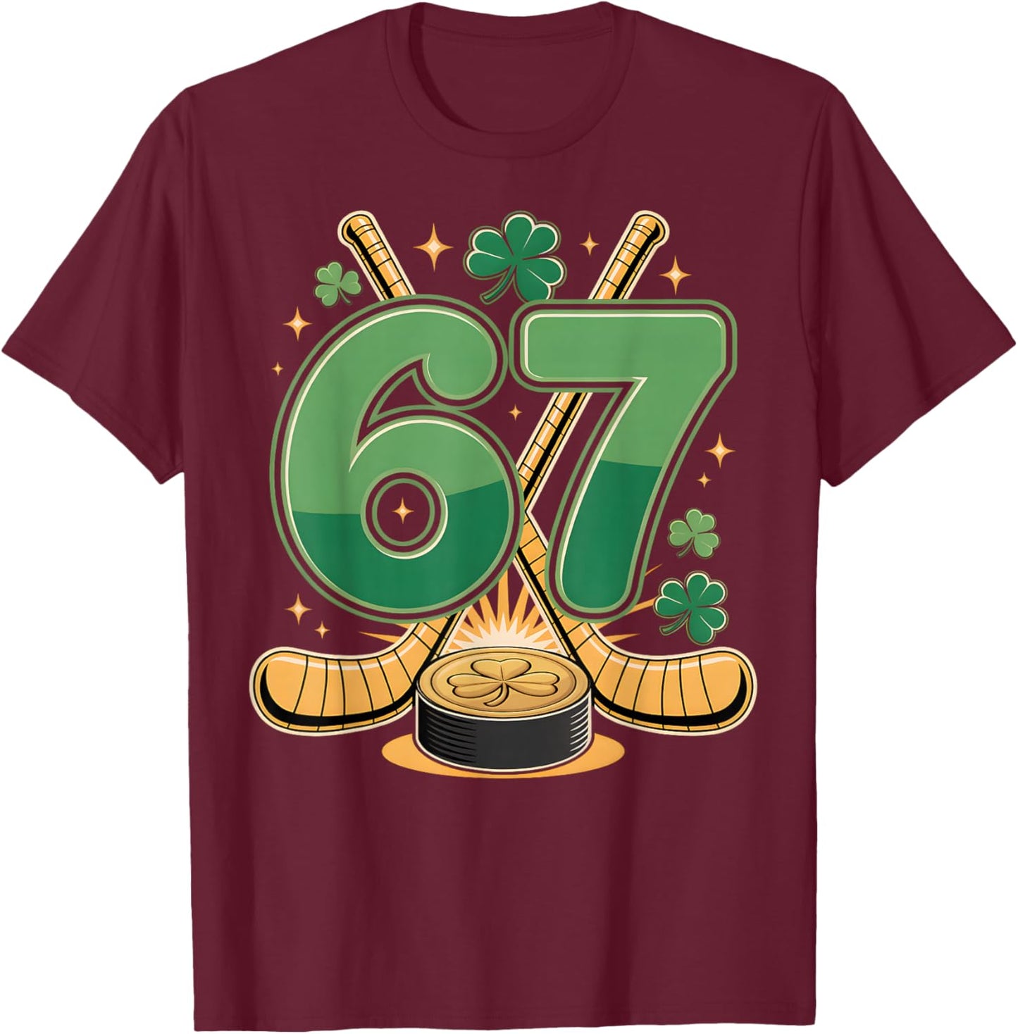 St Patricks Day Number 67 Hockey Lucky Shamrock Clover T-Shirt - T-Shirt | Maroon