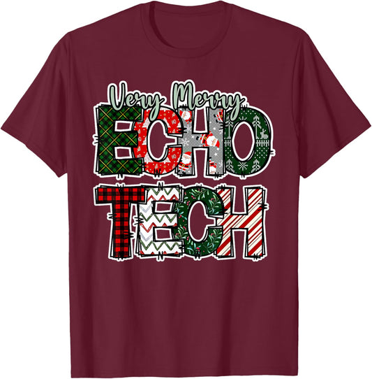 Very Merry Echo Tech Christmas Cardiac Sonographer Nurse T-Shirt - T-Shirt | Maroon