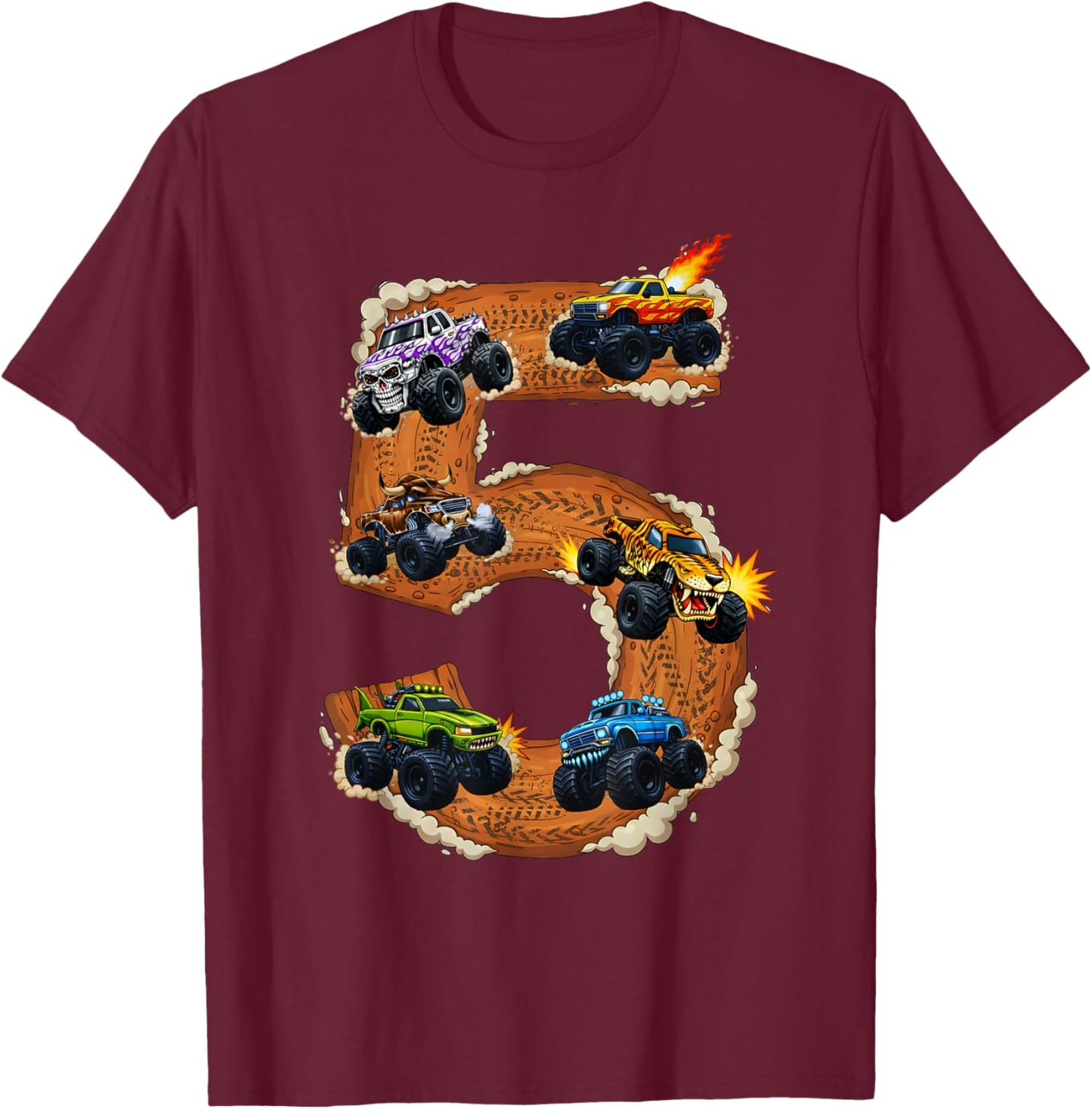 5 Year Old Monster Truck Boy Toddler 5th Birthday Party T-Shirt - T-Shirt | Maroon