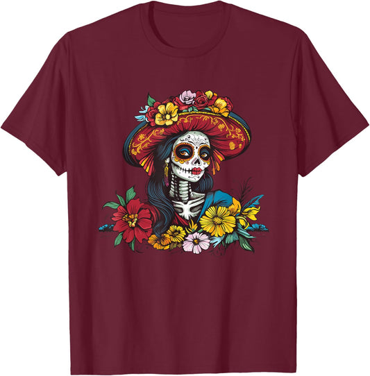 Day of The Dead Mexican Catrina Skull Floral Colorful T-Shirt - T-Shirt | Maroon