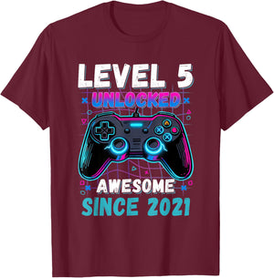 Level 5 Unlocked Awesome Since 2021 Fifth 5th Birthday Boys T-Shirt - T-Shirt | Maroon