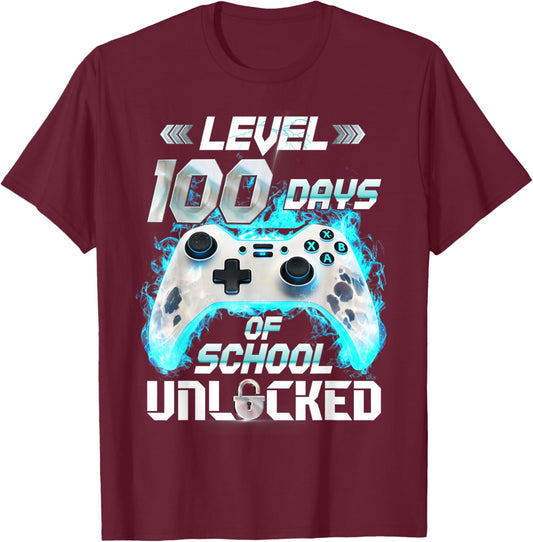 Level 100 Days of School Unlocked Video Gamer T-Shirt - T-Shirt | Maroon