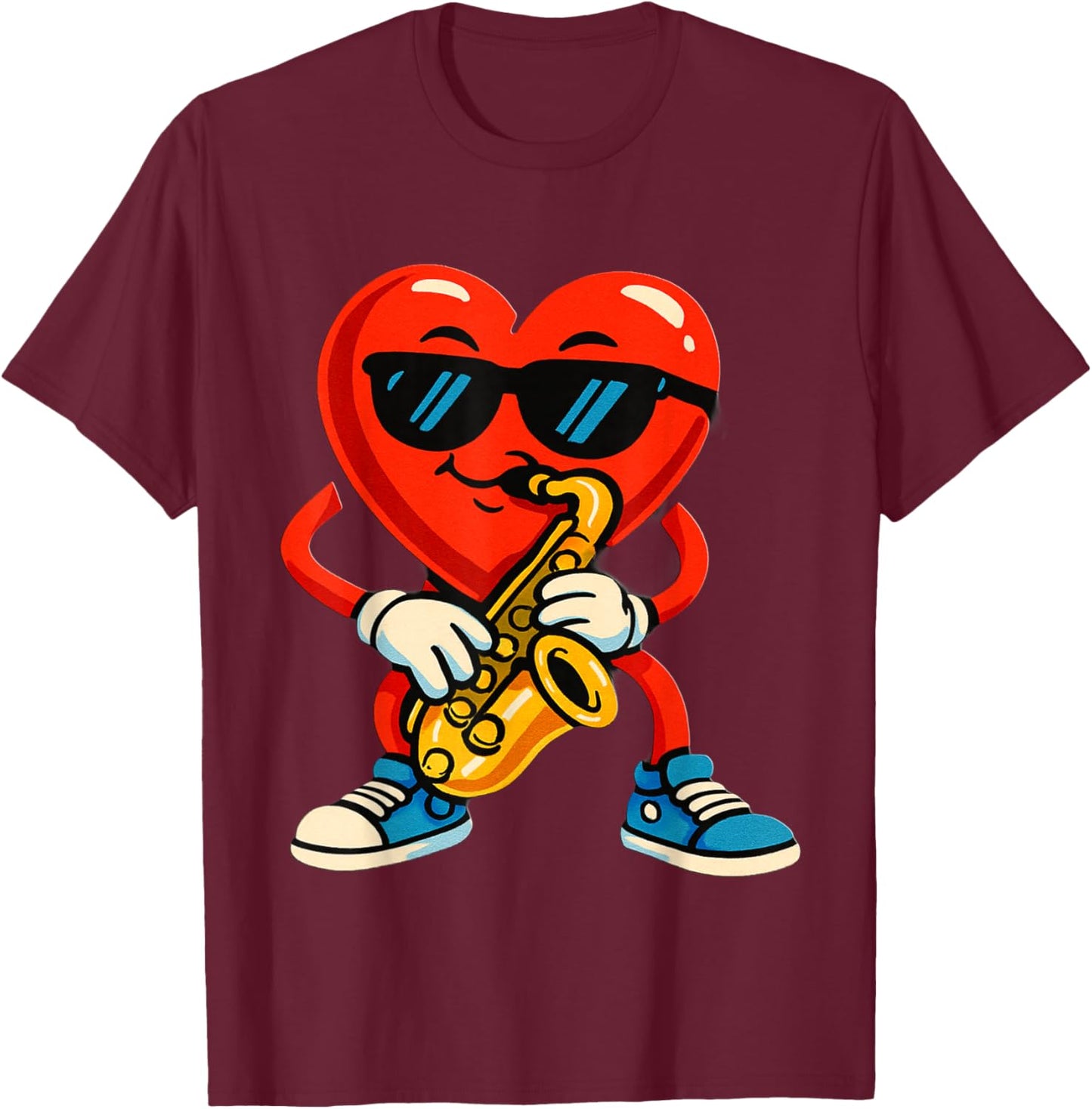 A Fun Cartoon RED Heart Playing Saxophone T-Shirt - T-Shirt | Maroon