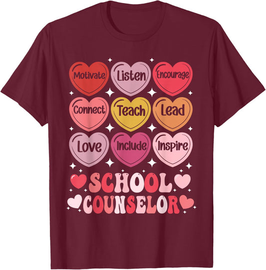 School Counselor Valentine's Day Counseling Positive Hearts T-Shirt - T-Shirt | Maroon