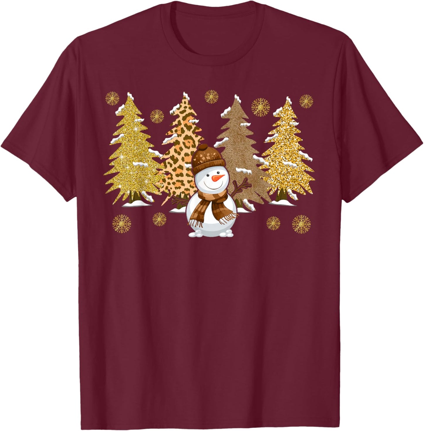 Snowman Christmas Trees in Gold Merry Christmas Pajamas Xmas T-Shirt - T-Shirt | Maroon