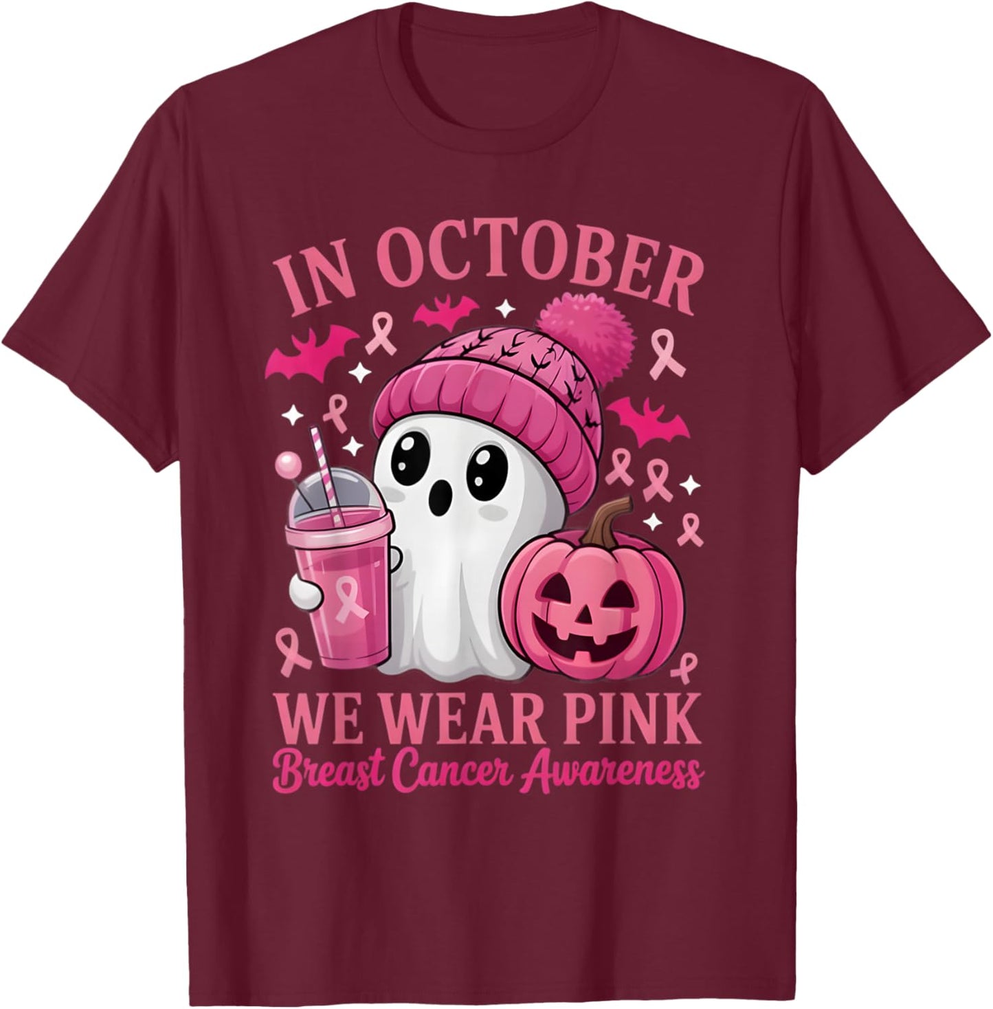 Breast Cancer Halloween Women in October We Wear Pink Gifts T-Shirt - T-Shirt | Maroon