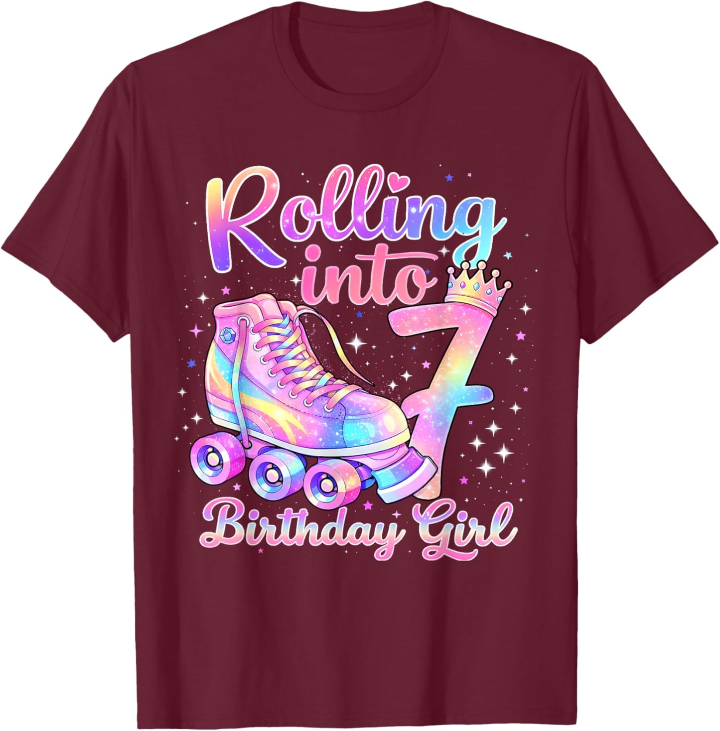Rolling Into 7 Years Old Roller Skating Girl 7th Birthday T-Shirt - T-Shirt | Maroon