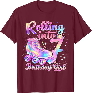 Rolling Into 7 Years Old Roller Skating Girl 7th Birthday T-Shirt - T-Shirt | Maroon