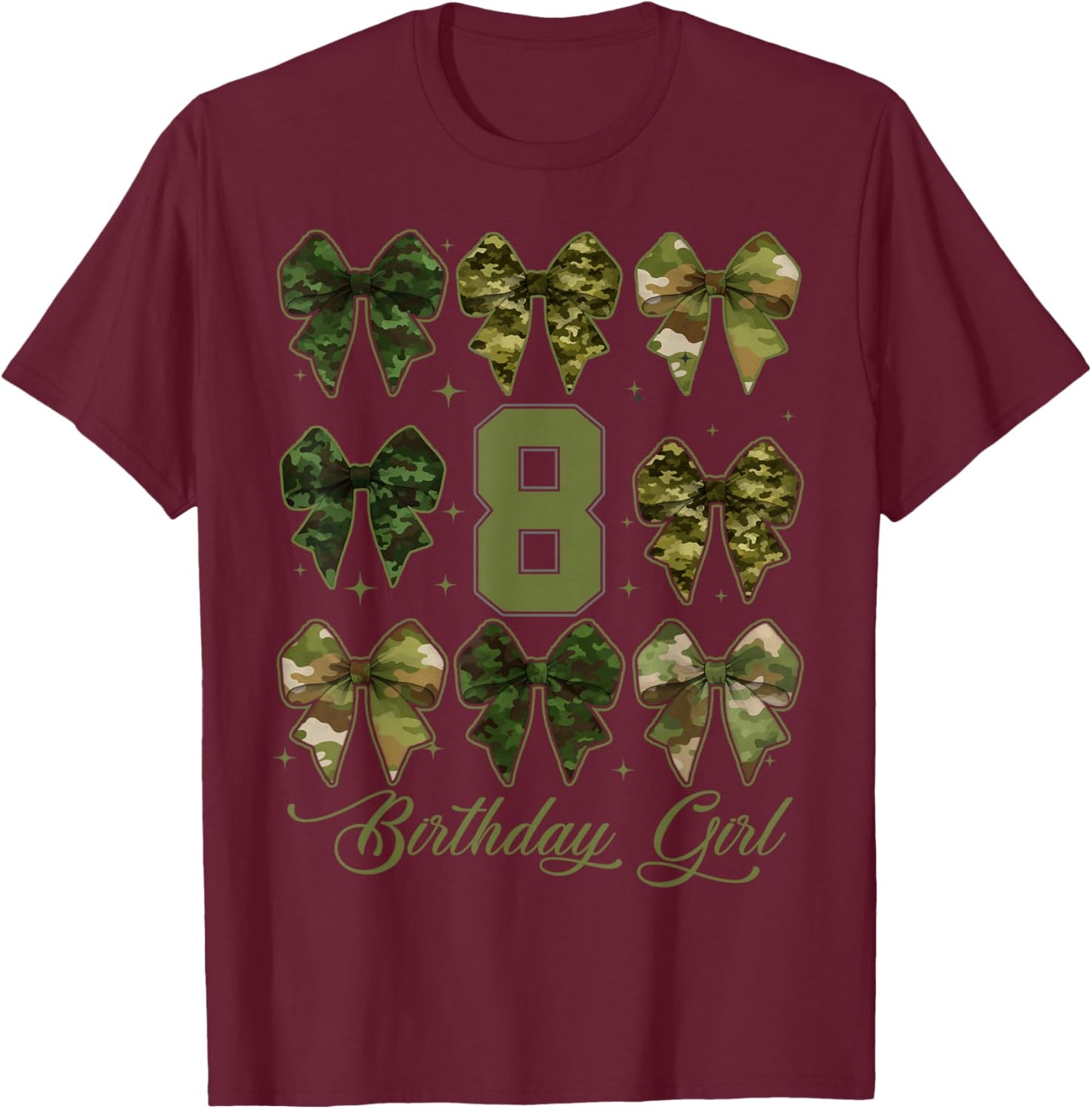 8th Birthday Girl Coquette Bows Camo 8 Year Old Birthday T-Shirt - T-Shirt | Maroon