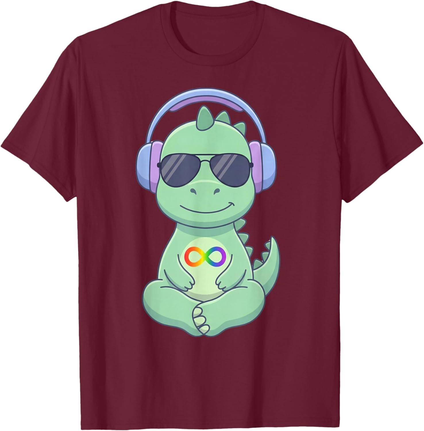 Autism Acceptance Dinosaur Headphones Infinity Symbol T-Rex T-Shirt - T-Shirt | Maroon
