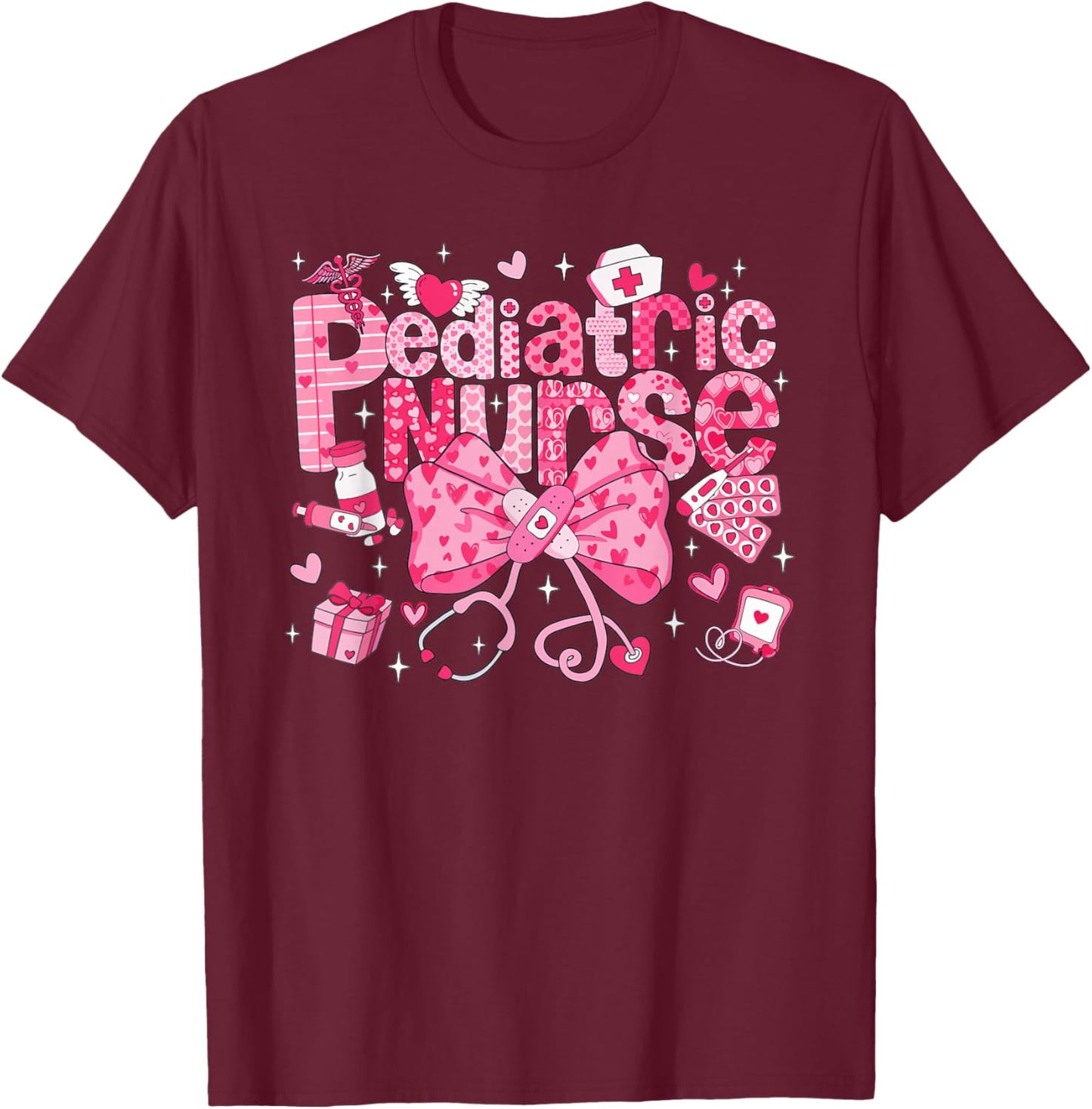 Pediatric Nurse Valentines Peds RN Heart Medical Bow T-Shirt - T-Shirt | Maroon