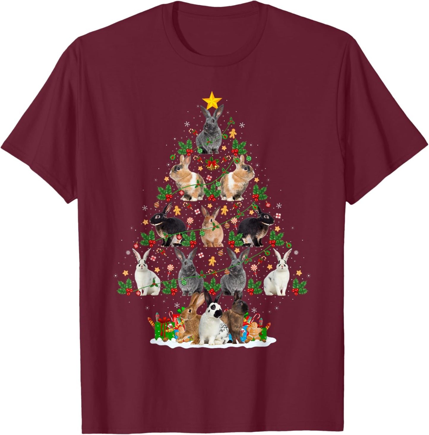 Bunny Rabbit Christmas Tree Lights Decor Pet Animals Xmas T-Shirt - T-Shirt | Maroon