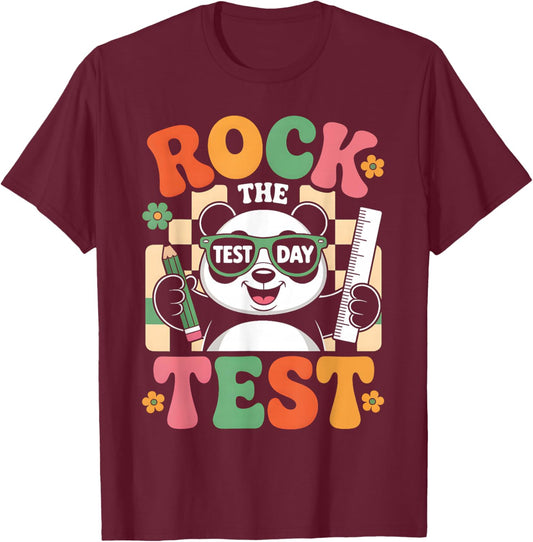Rock The Test Day Fun Panda Exam Cheer Funny School Teacher T-Shirt - T-Shirt | Maroon