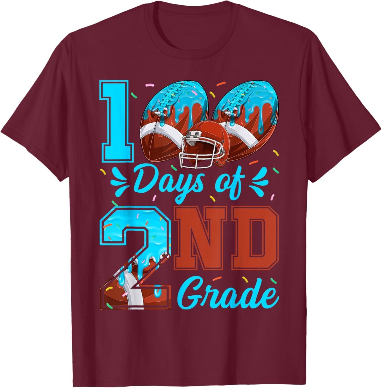 100 Days of 2nd Grade Football 100th Day of School Boys Kids T-Shirt - T-Shirt | Maroon