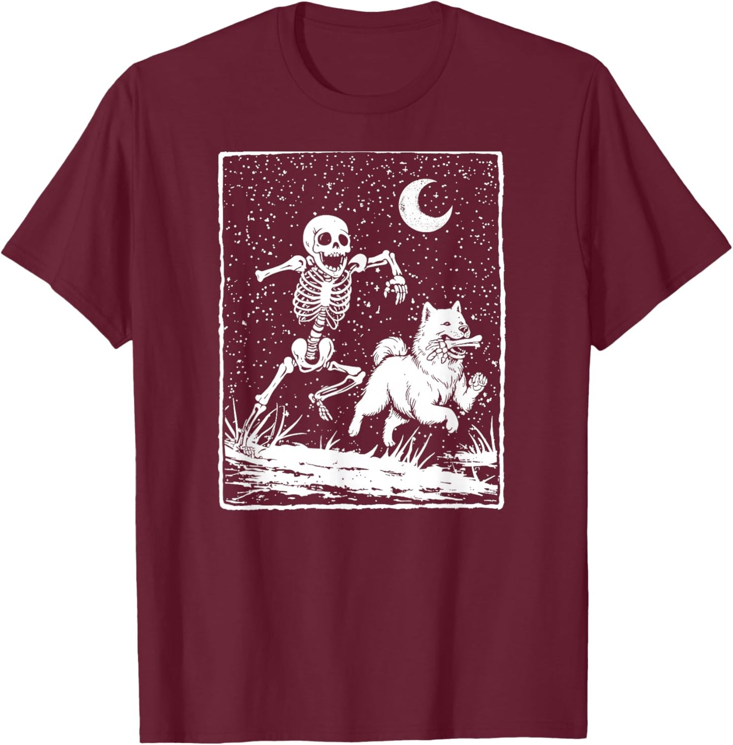 Skeleton Chasing Samoyed Dog – Spooky Halloween T-Shirt - T-Shirt | Maroon