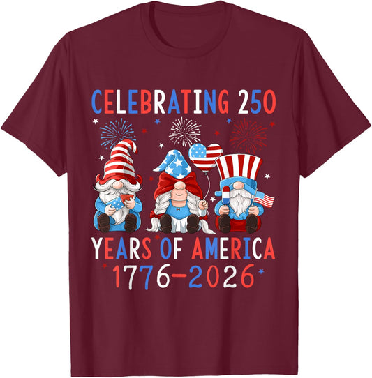 Celebrating 250 Years of America 1776 2026 Patriotic Gnomes T-Shirt - T-Shirt | Maroon