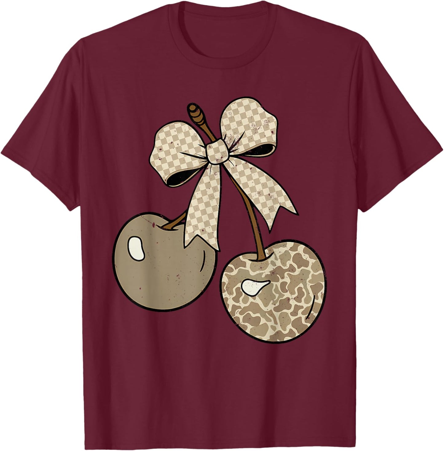 Retro Old School Camo Checkered Cherry Bow Cute Women Girls T-Shirt - T-Shirt | Maroon