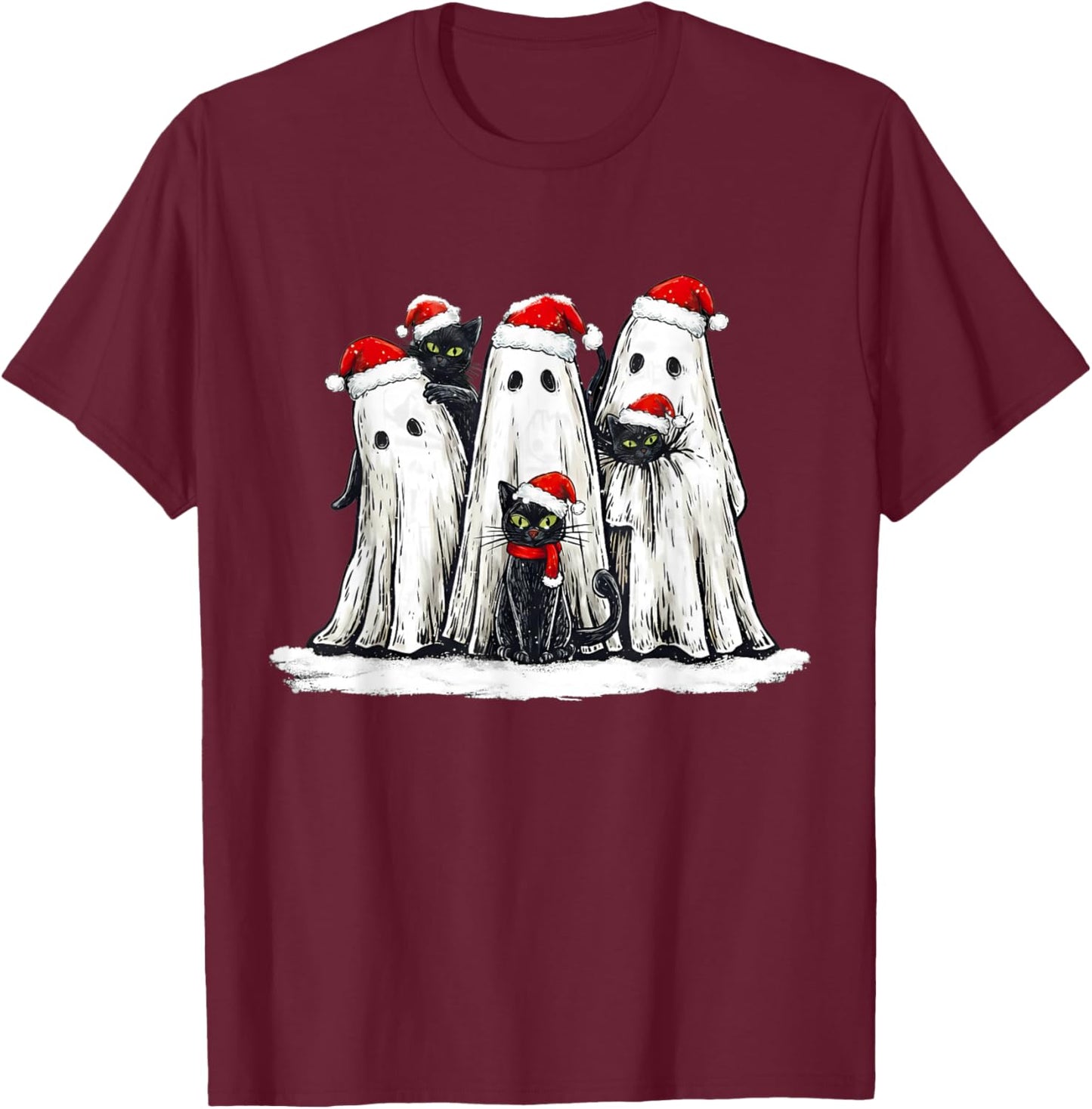 Vintage Christmas Ghost Holding Black Cat Groovy T-Shirt - T-Shirt | Maroon