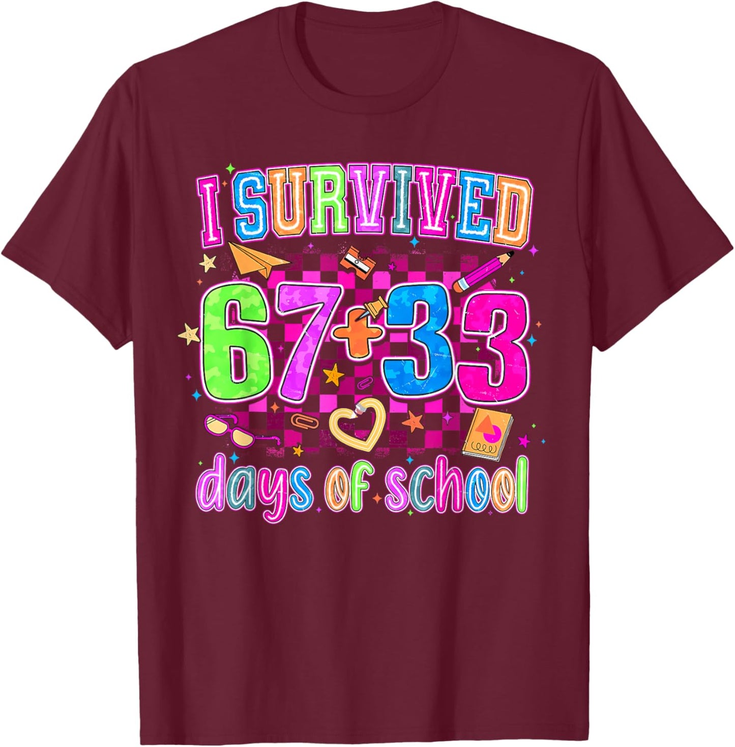 Preppy I Survived 67 + 33 100 Days of School Teacher Student T-Shirt - T-Shirt | Maroon