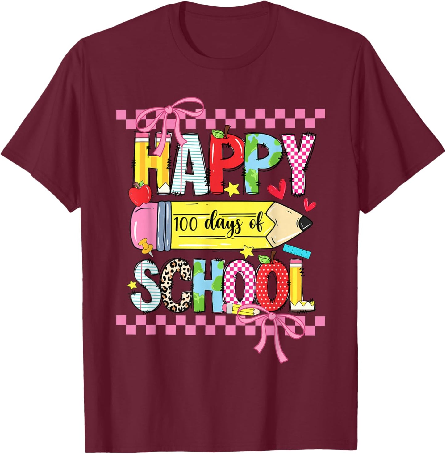 Happy 100th Day of School Teacher Girls Coquette Bow 100 Day T-Shirt - T-Shirt | Maroon