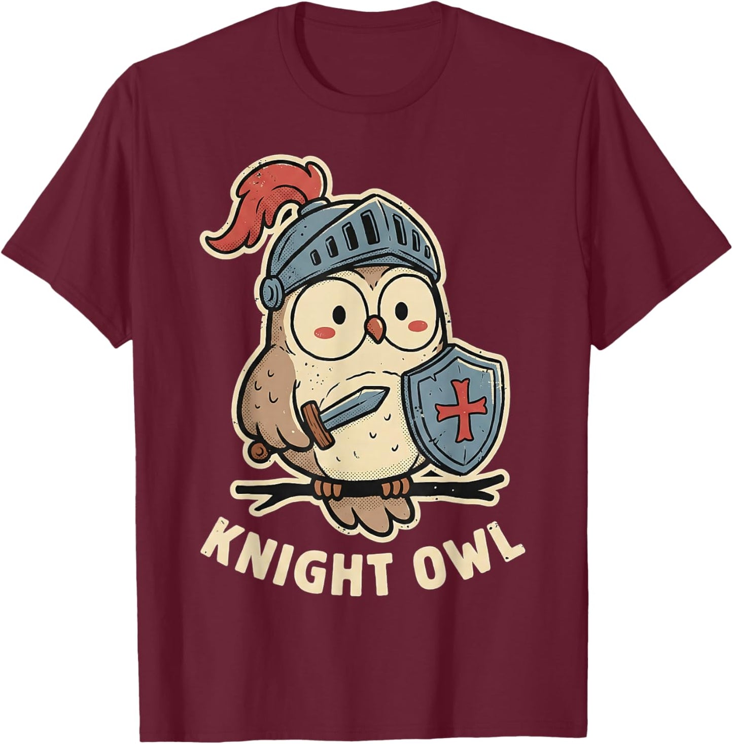 Knight Owl Funny Medieval Pun Joke Cute Graphic T-Shirt - T-Shirt | Maroon