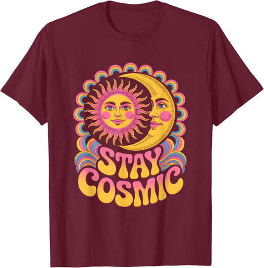 Stay Cosmic Mystic Sun and Moon Psychedelic EDM Festival T-Shirt - T-Shirt | Maroon