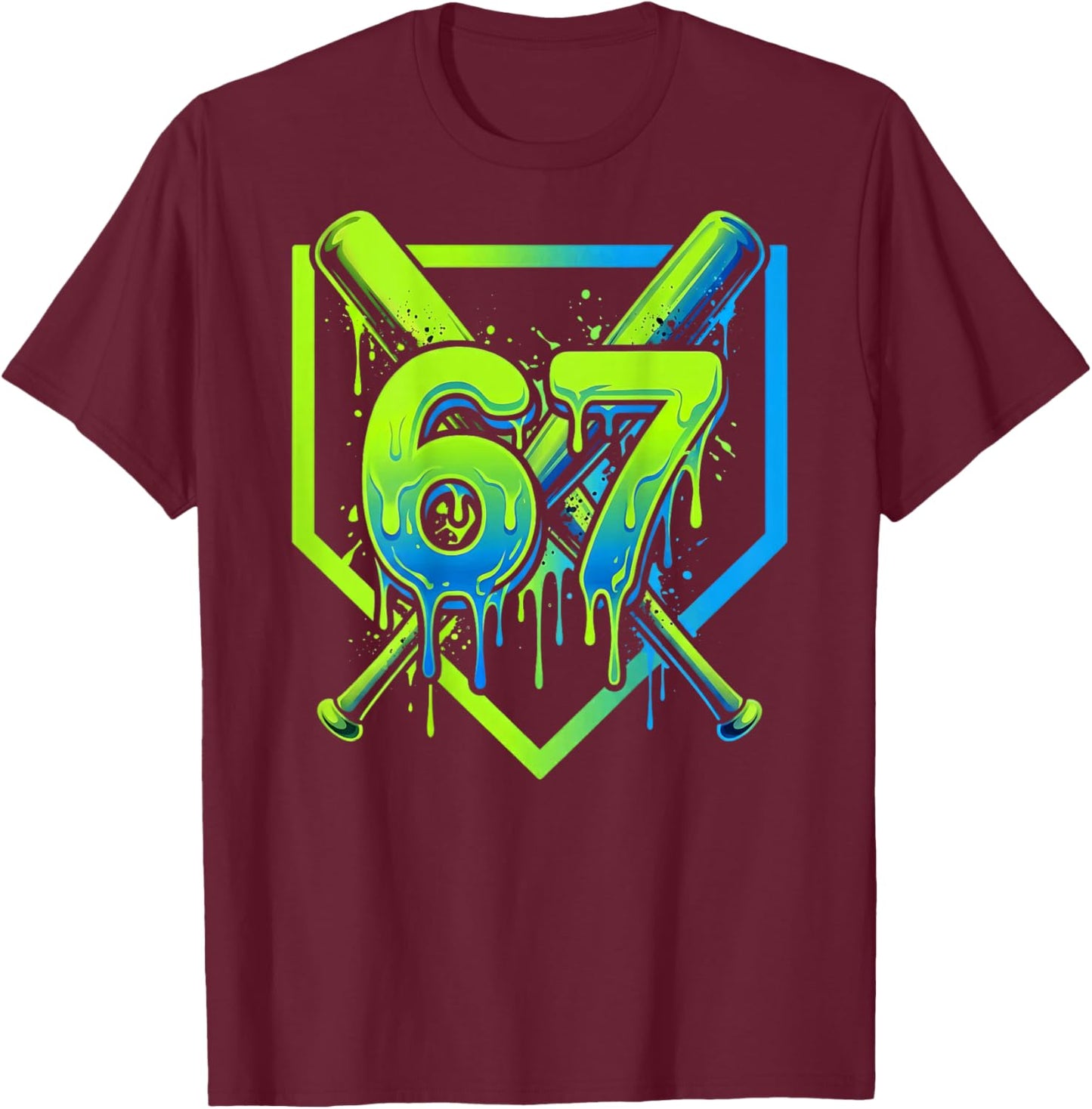 67 Baseball Ice Cream Drip Effect 6-7 Meme Six Seven T-Shirt - T-Shirt | Maroon