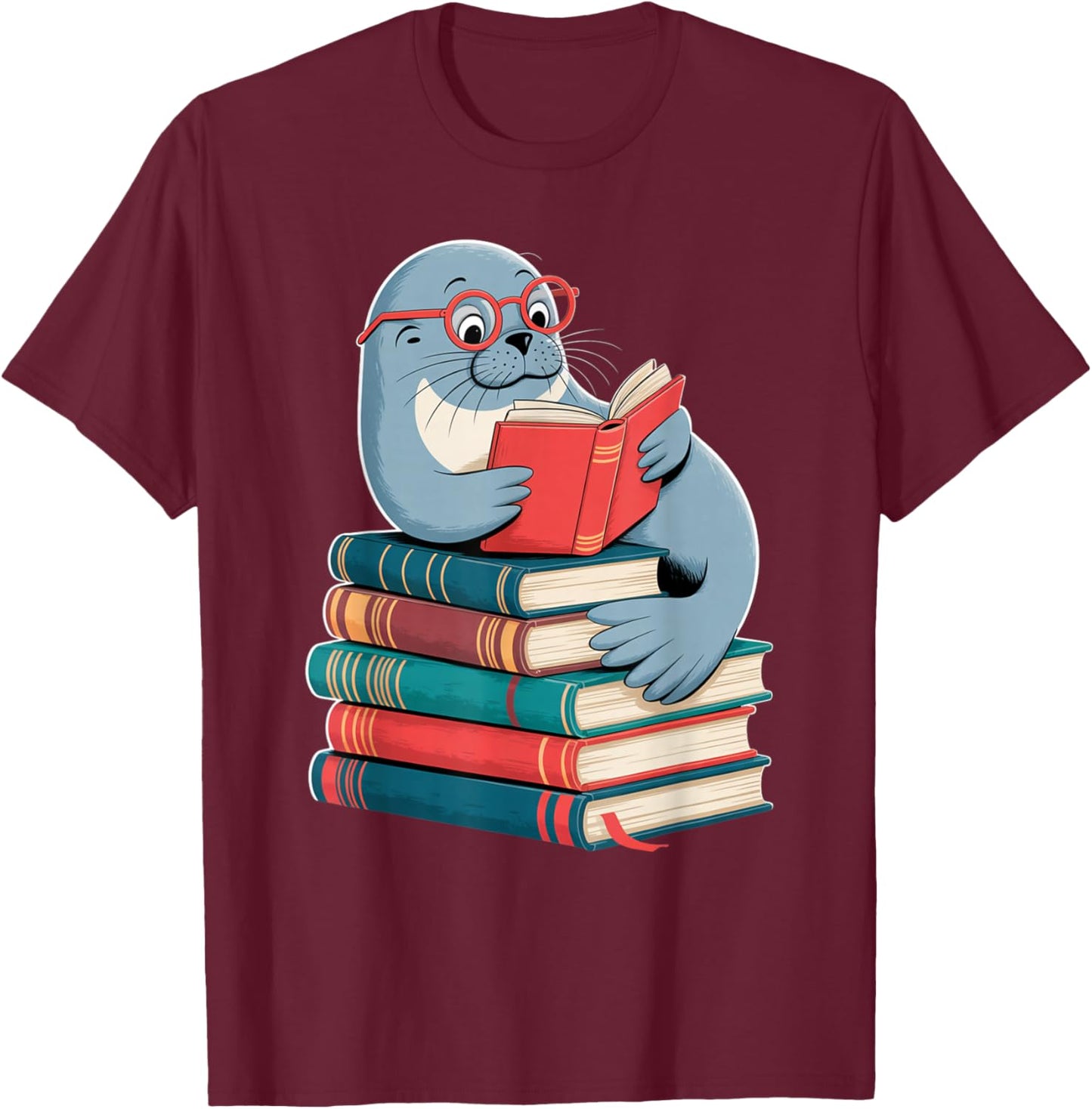 Cute Reading Seal on Books Funny Book Lover T-Shirt - T-Shirt | Maroon