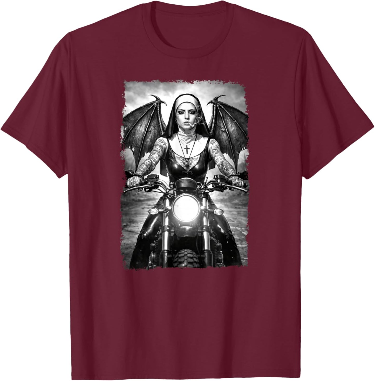Gothic Tattoo Biker Smoking Nun with Wings, Dark Urban Art T-Shirt - T-Shirt | Maroon