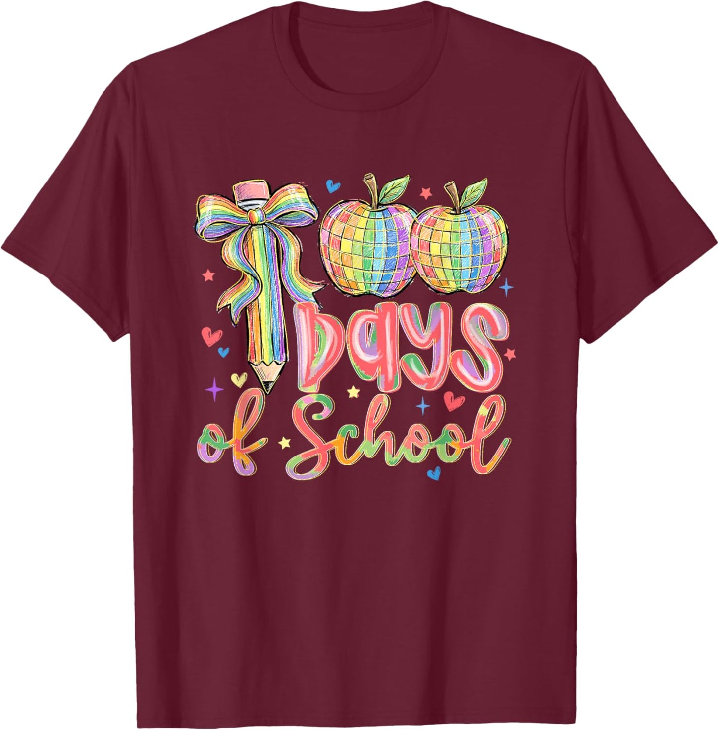 100 Days of School Pencil Bow Disco 100th Day Teacher Girls T-Shirt - T-Shirt | Maroon