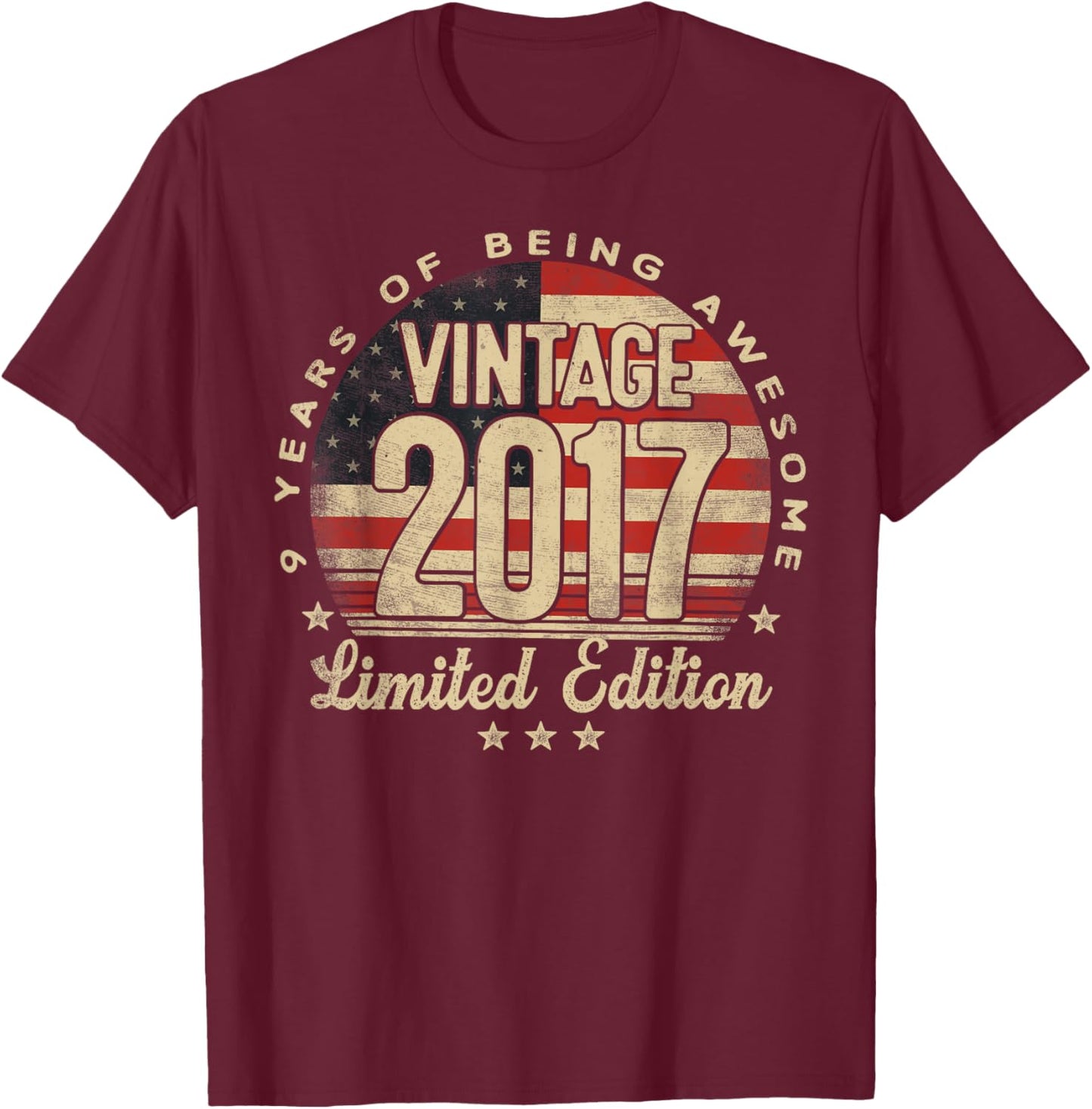 Vintage 2017 Limited Edition USA Flag 9-Year-Old Age 9 T-Shirt - T-Shirt | Maroon