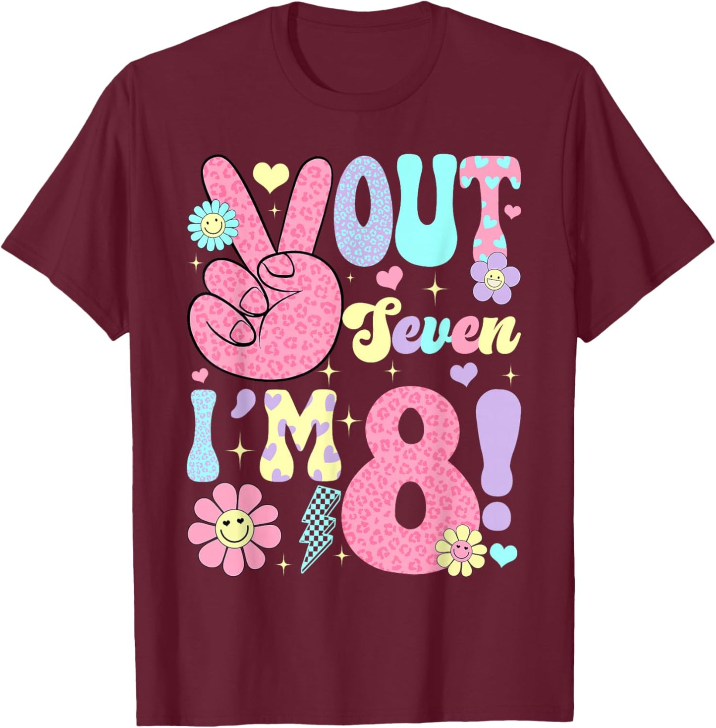 Groovy Peace Out Seven I'm 8 Years Old 8th Birthday Girls Ki T-Shirt - T-Shirt | Maroon